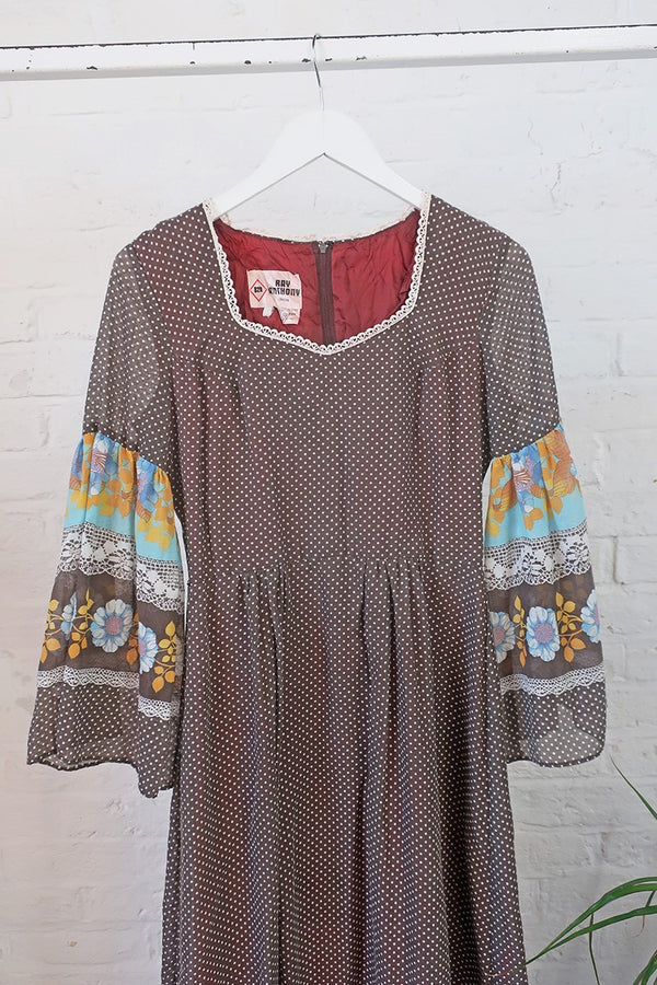 Vintage Maxi Dress - Ash Brown Polka Dots & Lace - Size XS/S by all about audrey