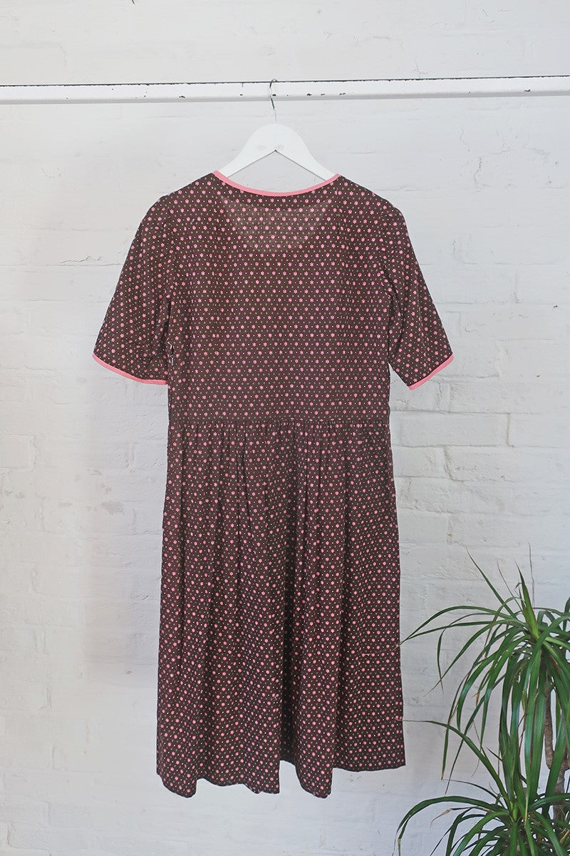Vintage Midi Dress - Woody Brown & Cherry Blossom Pink Floral - Size S by all about audrey