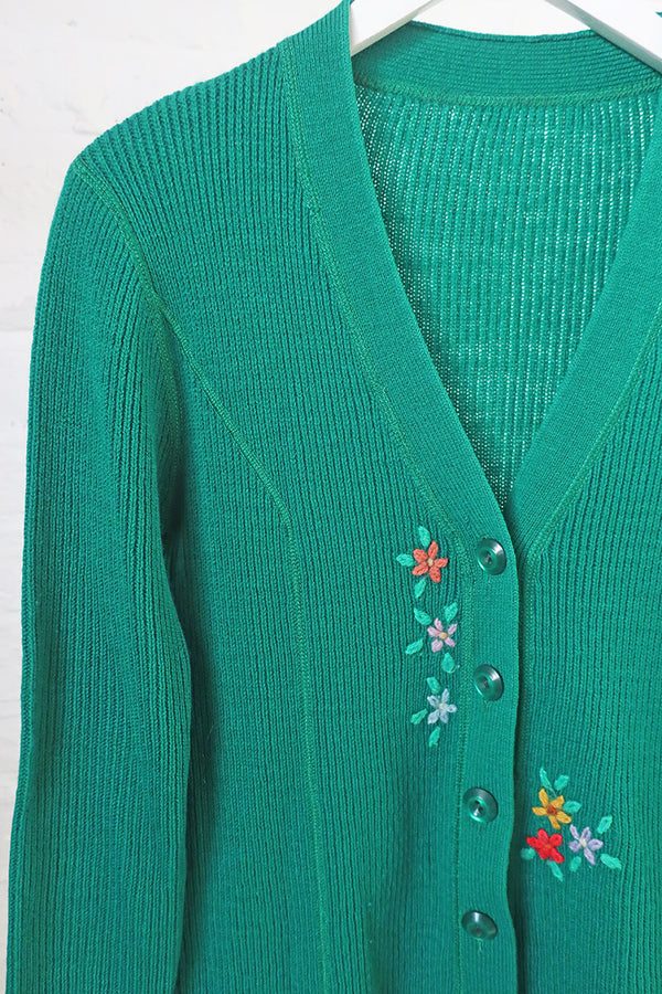 Vintage Knitwear - Dappled Green Winter Flowers Cardigan - Size M by all about audrey