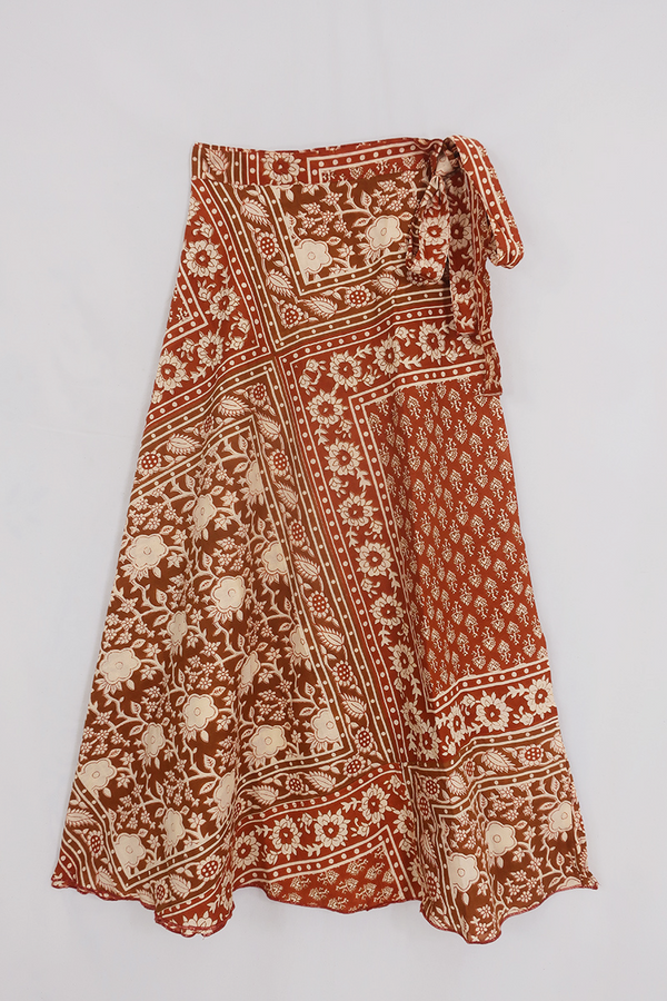 Emmylou Patchwork Wrap Skirt in Desert Orange & Brown By All About Audrey