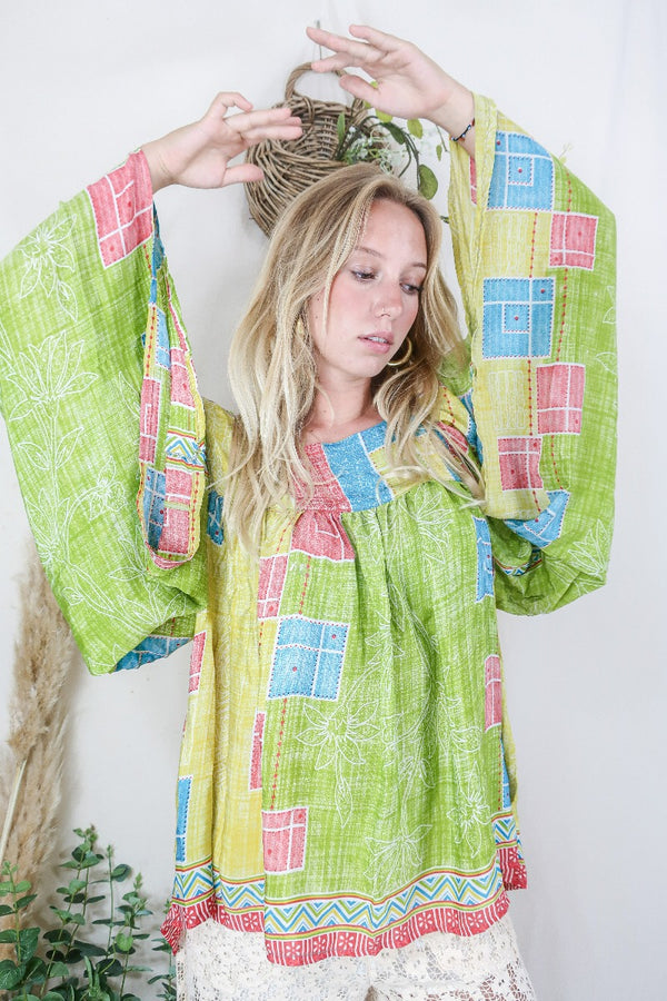 Honey Top - Vintage Indian Sari - Lime Square Patchwork Floral - Free Size S/M by All About Audrey