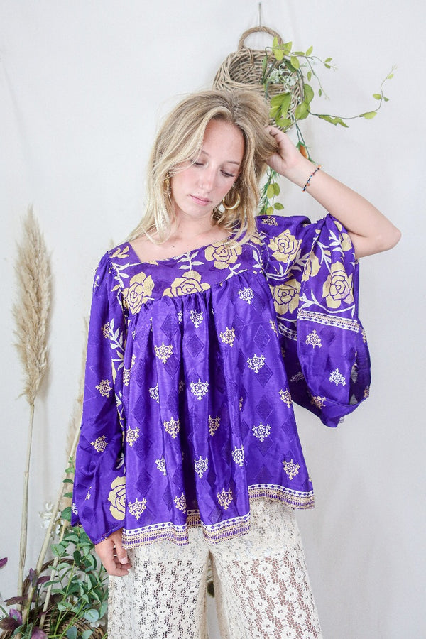 Honey Top - Vintage Indian Sari - Deep Purple & Gold Floral (free size) by All About Audrey