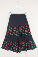 70's Vintage Skirt - Black & White Polka Dots with a Bright Floral Pattern - XXS by all about audrey