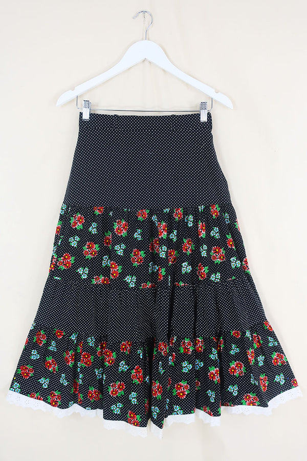 70's Vintage Skirt - Black & White Polka Dots with a Bright Floral Pattern - XXS by all about audrey