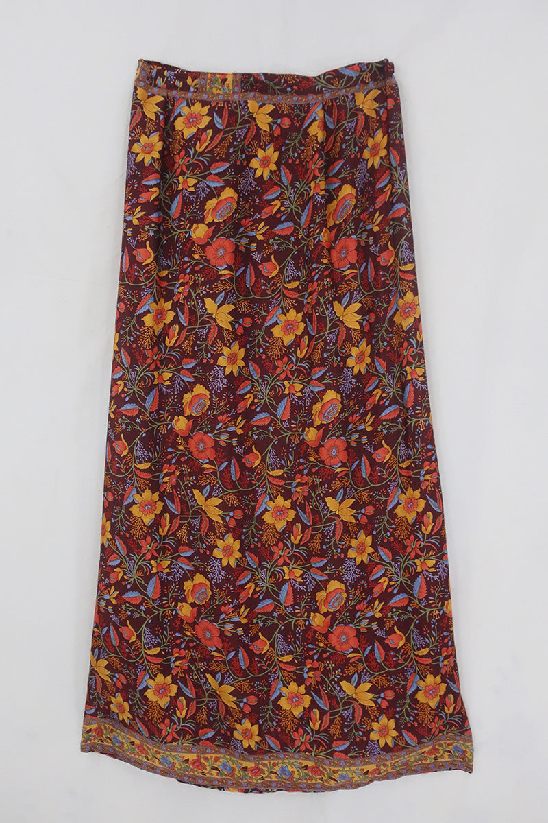 River Folklore Floral Wrap Skirt in Mahogany Brown
