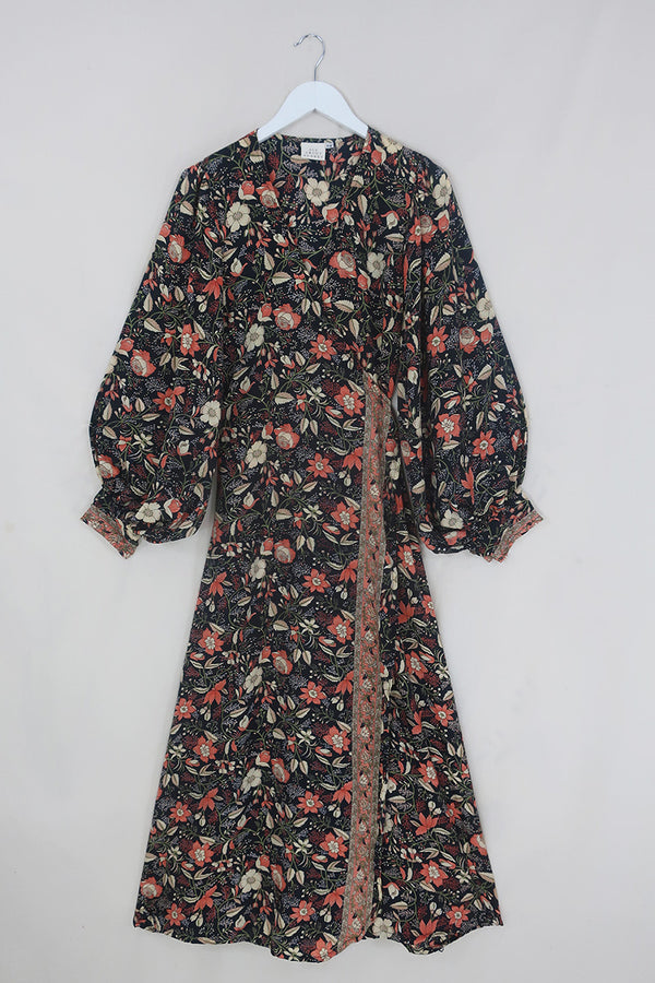 Lola Folklore Floral Wrap Dress in Hemlock Black
