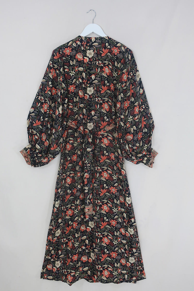 Lola Folklore Floral Wrap Dress in Hemlock Black