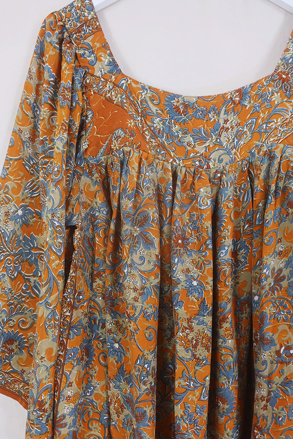 Honey Mini Dress - Orchard Orange Floral - Vintage Indian Sari - Free Size By All About Audrey