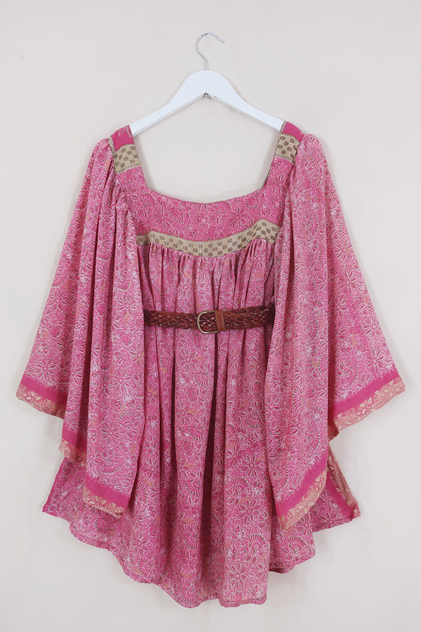 Honey Mini Dress - Sweet Pink Mosaic Floral - Vintage Indian Sari - Free Size