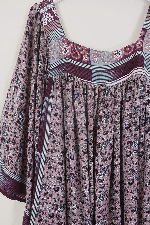 Honey Mini Dress - Dusty Purple & Plum Floral - Vintage Indian Sari - Free Size By All About Audrey