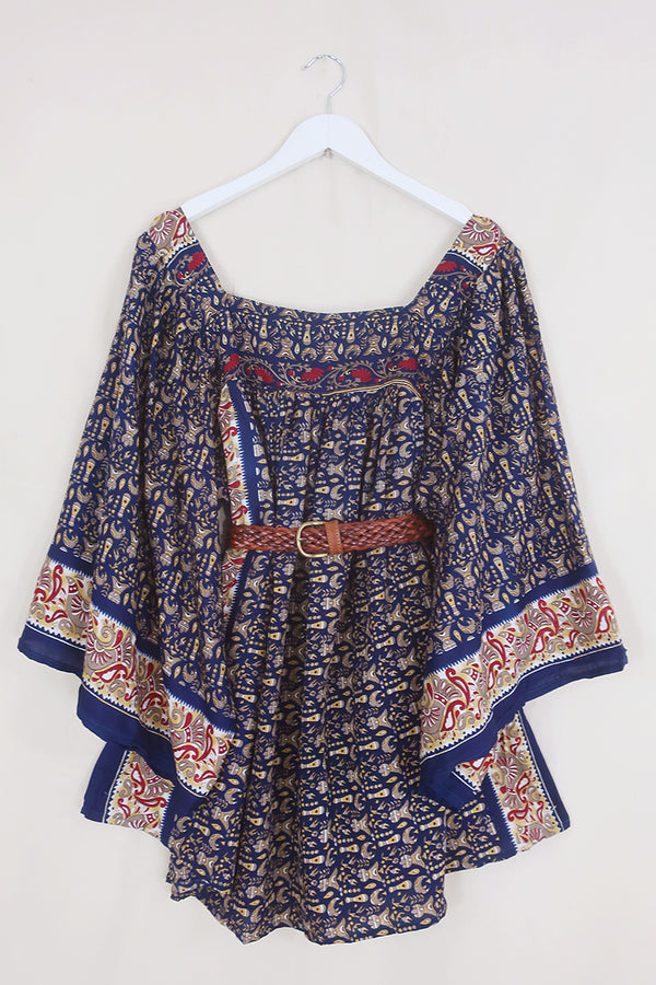 Honey Mini Dress - Mariner Blue Tales - Vintage Indian Sari - Free Size