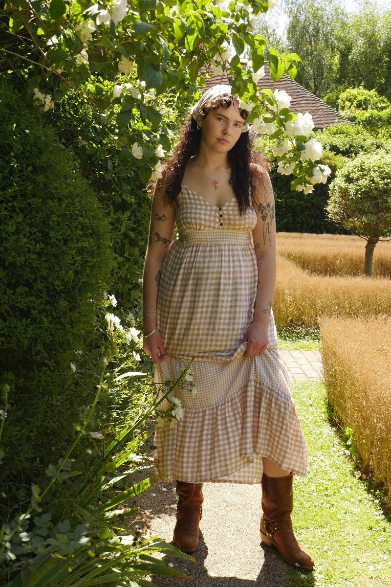 light brown gingham dress Jessie Maxi Dress in Biscuit Brown Gingham
