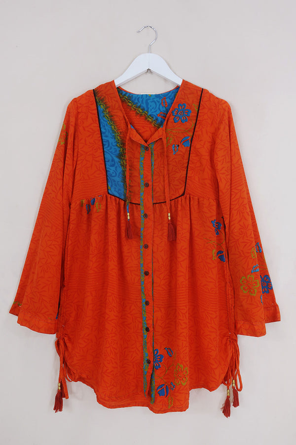 SALE Jude Tunic Top - Tangerine & Hibiscus Floral - Vintage Indian Sari - Size XS By All About Audrey