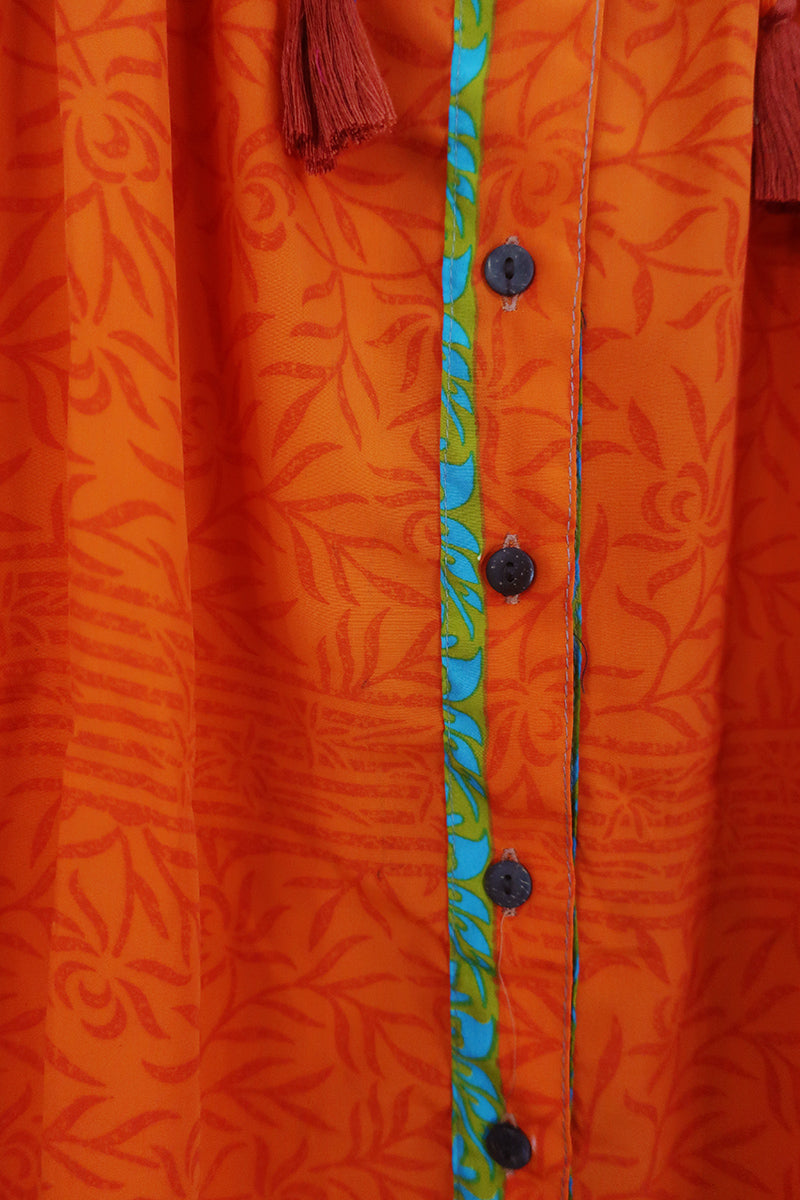 SALE Jude Tunic Top - Tangerine & Hibiscus Floral - Vintage Indian Sari - Size XS