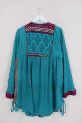 Jude Tunic Top - Teal Blue Regal Crests - Vintage Indian Sari - Size M/L by all about audrey