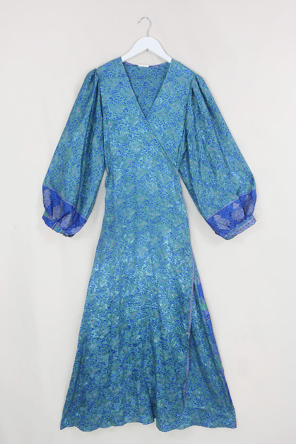 Lola Wrap Dress - Lagoon Blue Paisley Shimmer - Size M/L By All About Audrey