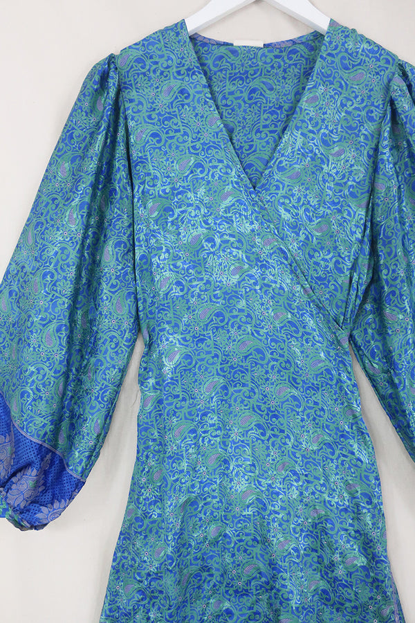 Lola Wrap Dress - Lagoon Blue Paisley Shimmer - Size M/L By All About Audrey