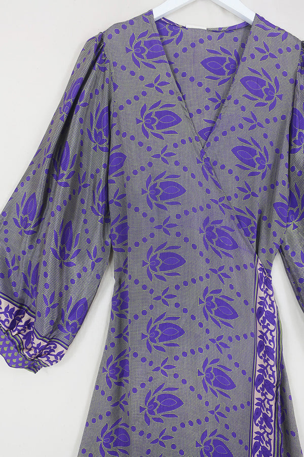Lola Wrap Dress - Primrose Purple & Lime Motif - Size M/L By All About Audrey