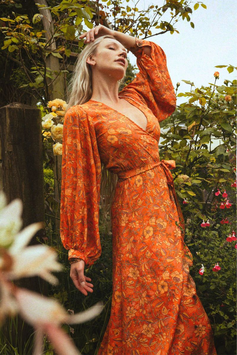 Orange floral wrap dress hotsell