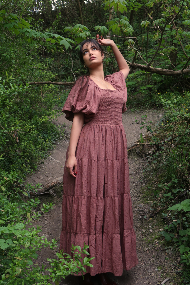 Charlotte Dress in Journal Brown Broderie Anglaise