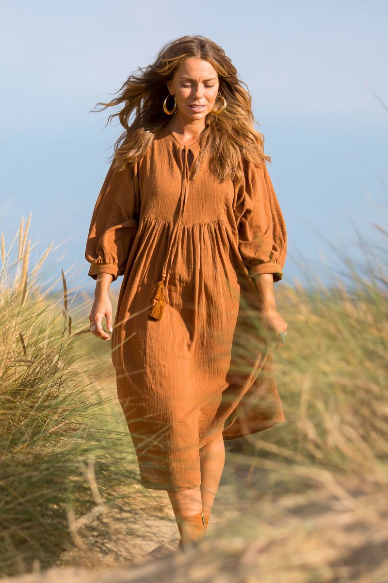 Posy Organic Cotton Boho Midi Dress in Tan Brown | All About Audrey All About Audrey Vintage Boutique Posy Organic Cotton Boho Midi Dress in Tan Brown | All About Audrey All About Audrey Vintage Boutique
