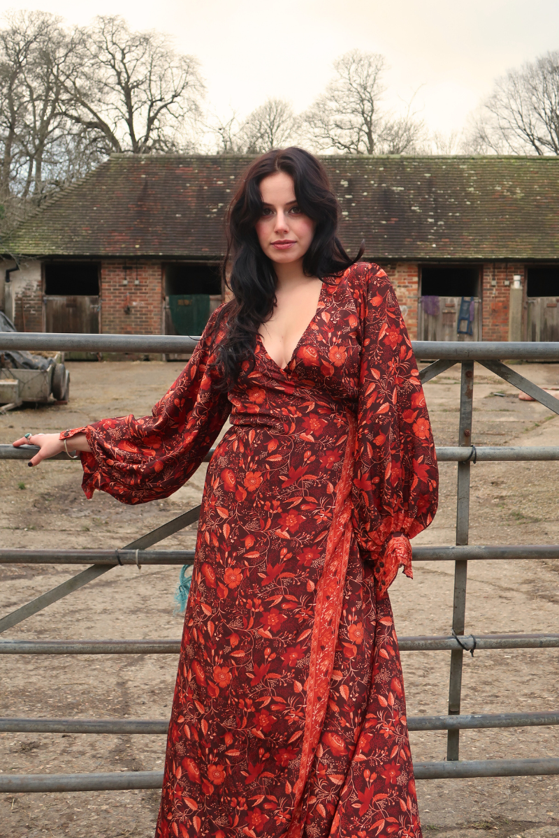 knee length dresses for ladies Red Floral Wrap Dress main image 0