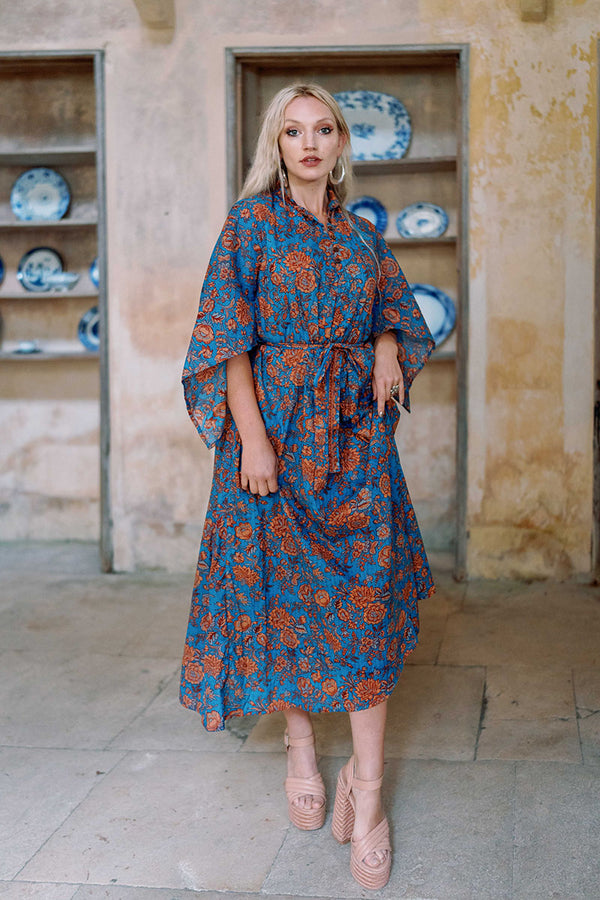 block print indian kaftan midi bohemian hippie cotton apollo dress 70s boho floral print sparkly adini style angel sleeve in crystal blue by all about audrey