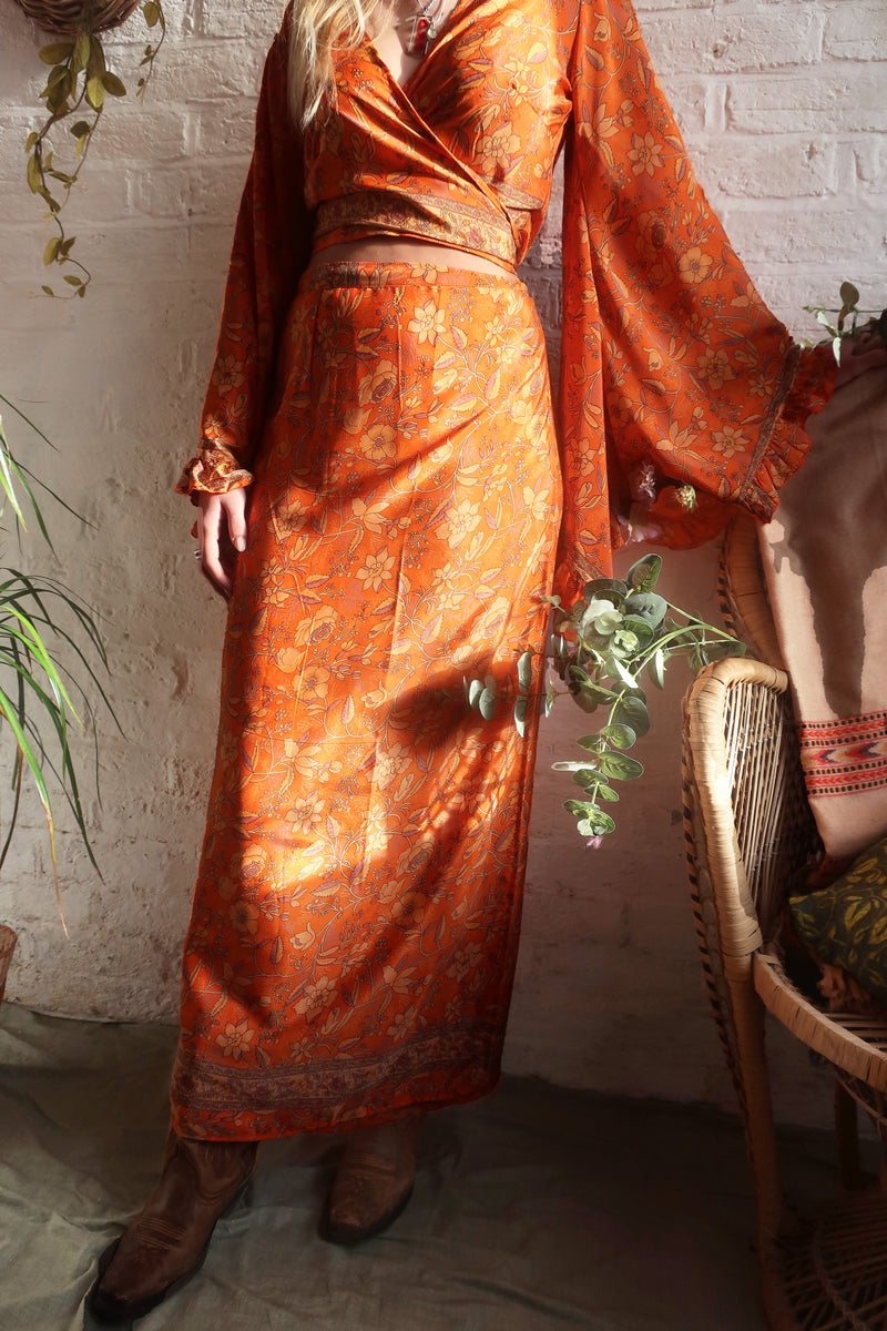 River Folklore Floral Wrap Skirt in Maple Orange