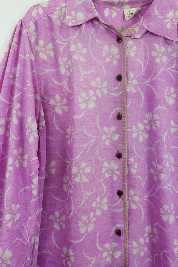 SALE Bonnie Shirt Dress - Petal Pink Botanical - Vintage Indian Sari - Size L/XL