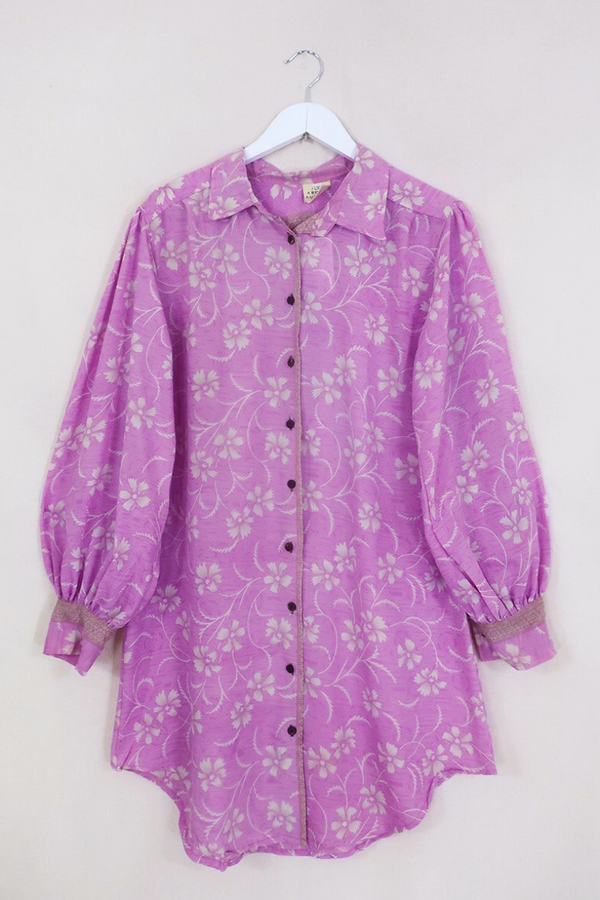 SALE Bonnie Shirt Dress - Petal Pink Botanical - Vintage Indian Sari - Size L/XL