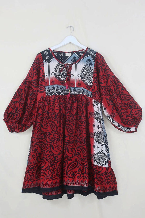 SALE | Poppy Mini Smock Dress - Vintage Sari - Harlequin Red & Black Paisley Print - S