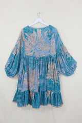 SALE | Poppy Mini Smock Dress - Vintage Sari - Teal & Sunburst Fern - S by All About Audrey