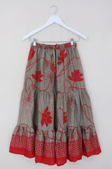 Rosie Midi Skirt - Vintage Indian Sari - Sandstone & Scarlet - Free Size by All About Audrey