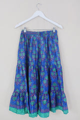 Rosie Midi Skirt - Vintage Indian Sari - Egyptian Blue Floral - Free Size by All About Audrey