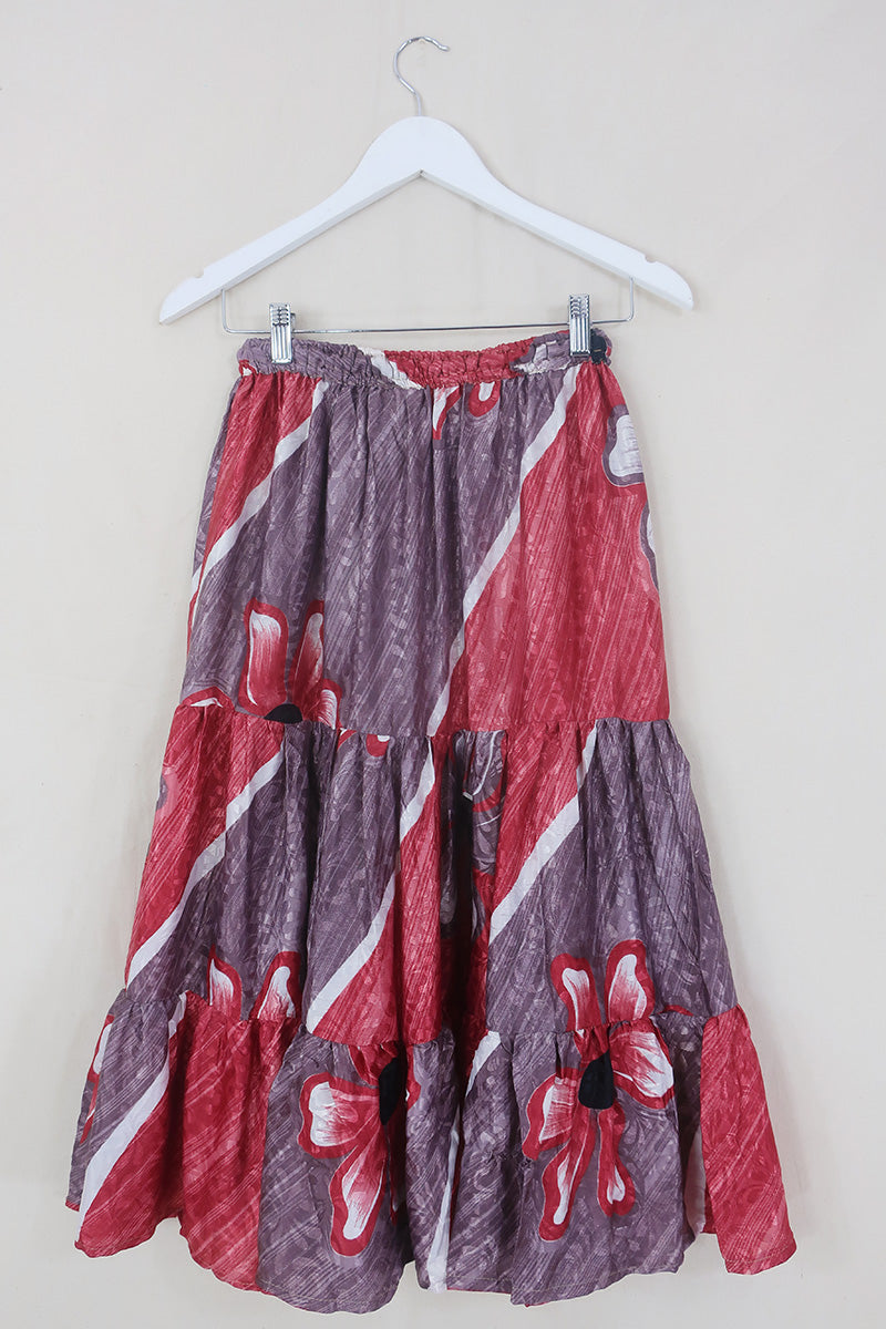 Rosie Midi Skirt - Vintage Indian Sari - Ruby & Rosewood Shimmer - Free Size by All About Audrey