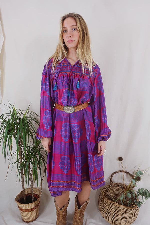 SALE | Daphne Dress - Damson & Passion Pink Stripes - Vintage Sari - Size S/M By All About Audrey