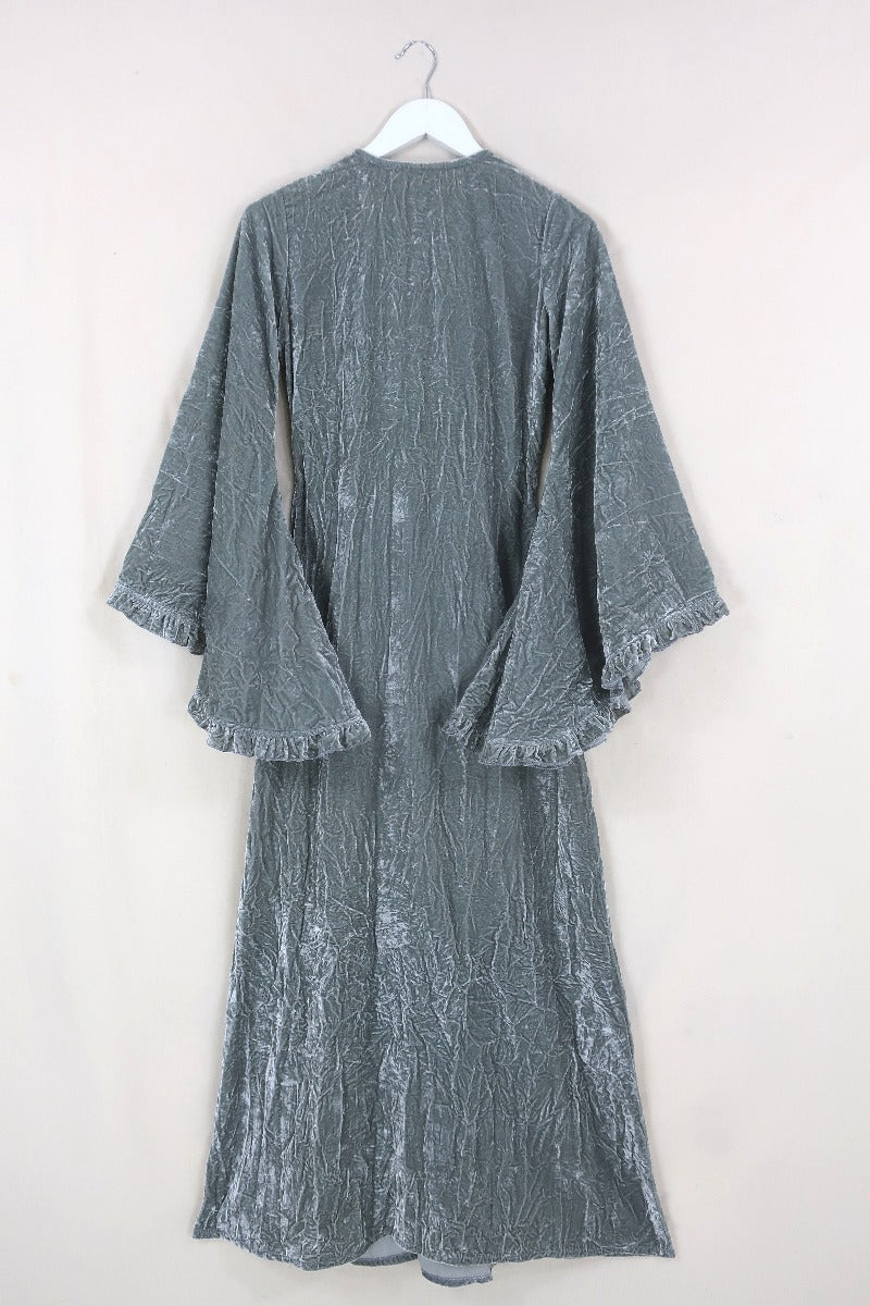 Back Flat lay of our Khroma Venus Maxi Dress in Stardust Grey Velvet tied at the front like a kimono by All About Audrey