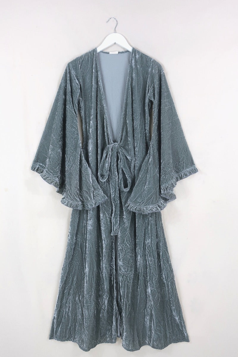 Flat lay of our Khroma Venus Maxi Dress in Stardust Grey Velvet tied at the front like a kimono by All About Audrey