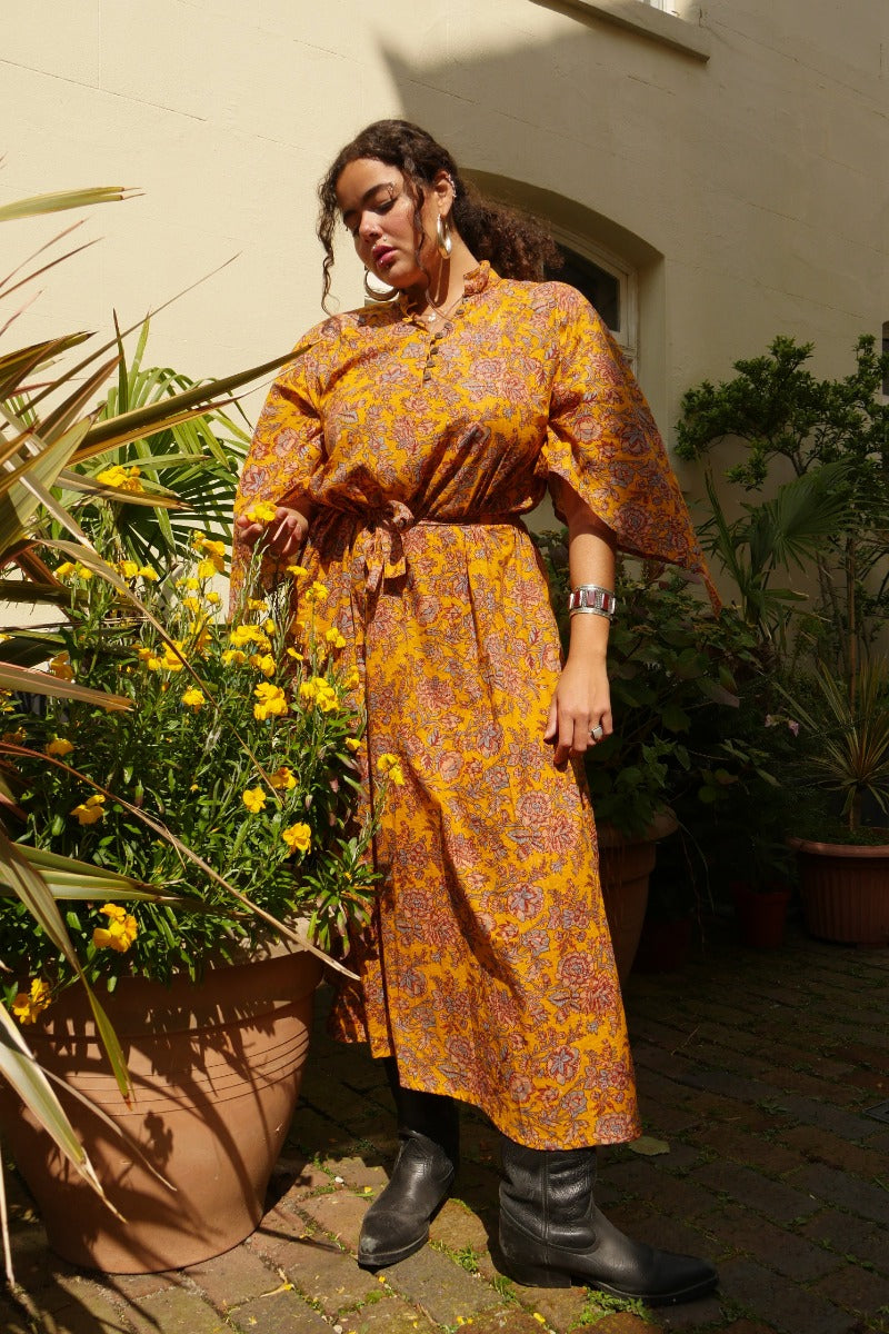 block print indian kaftan midi bohemian hippie cotton apollo dress 70s boho floral print sparkly adini style angel sleeve in sunflower yellow by All About Audrey