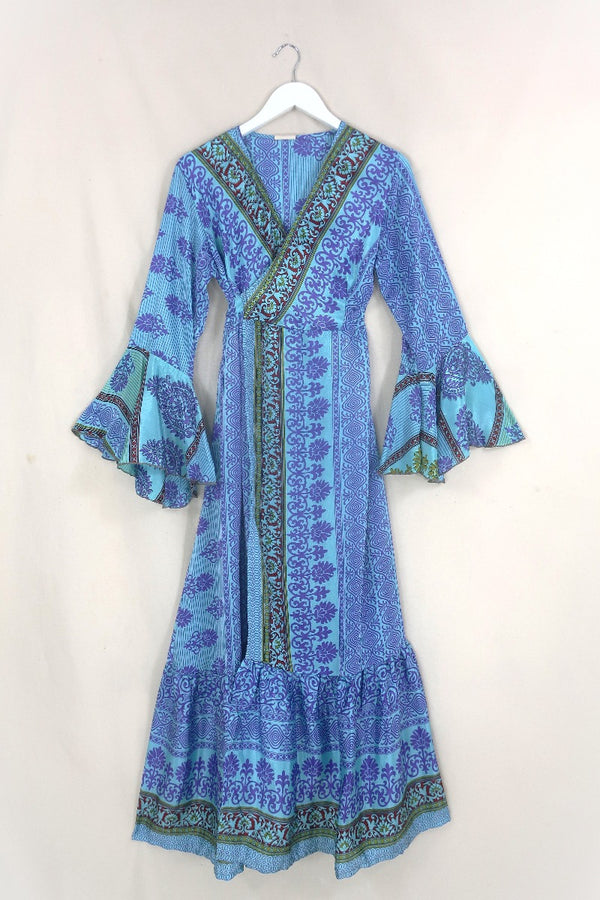 Sylvia Wrap Dress - Cyan & Amethyst Ornate Bloom - Size L by All About Audrey