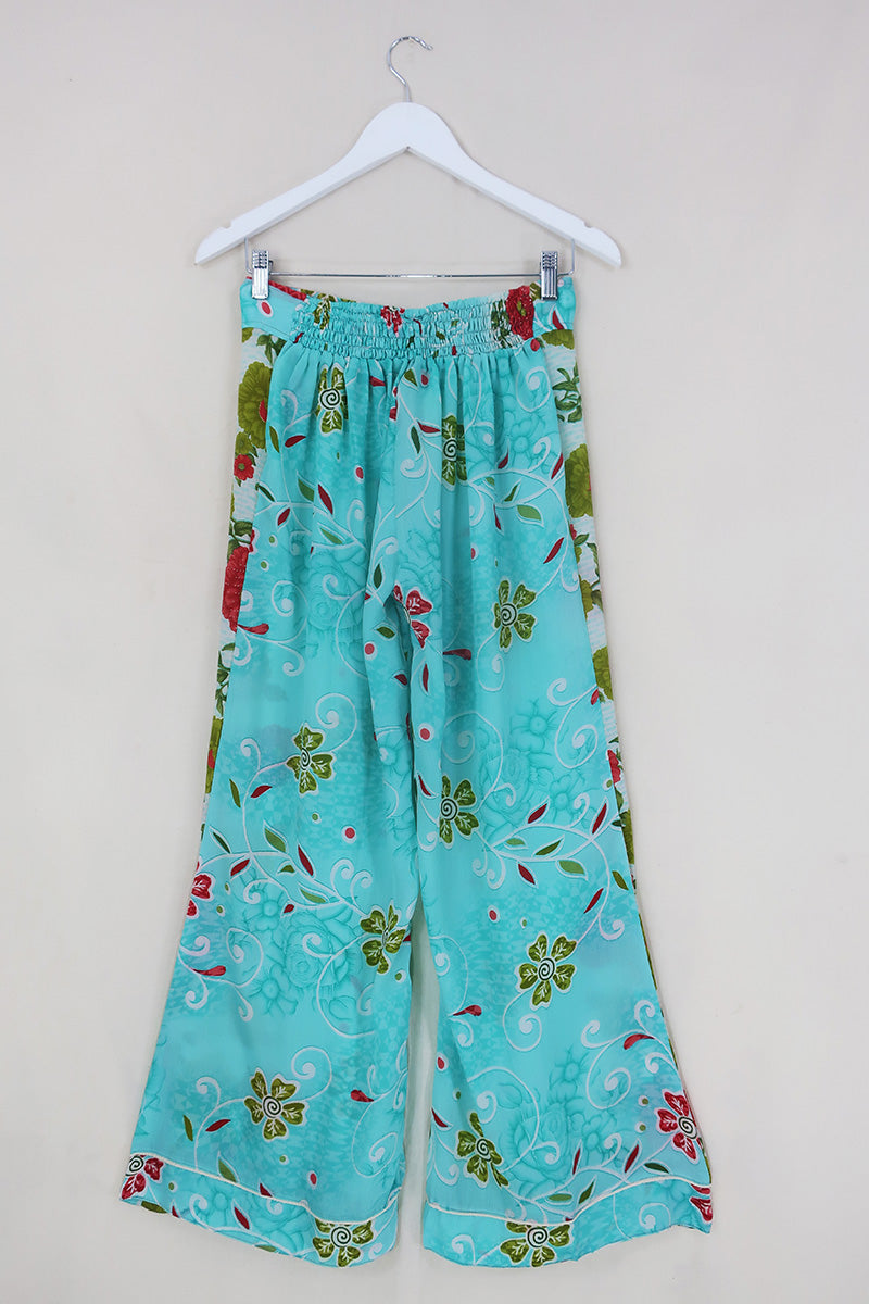 Tandy Wide Leg Trousers - Vintage Sari - Turquoise Trailing Floral - Free Size S/M by All About Audrey