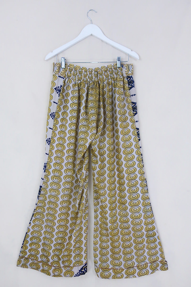 Tandy Wide Leg Trousers - Vintage Sari - Wheat & Indigo Geometric - Free Size M/L