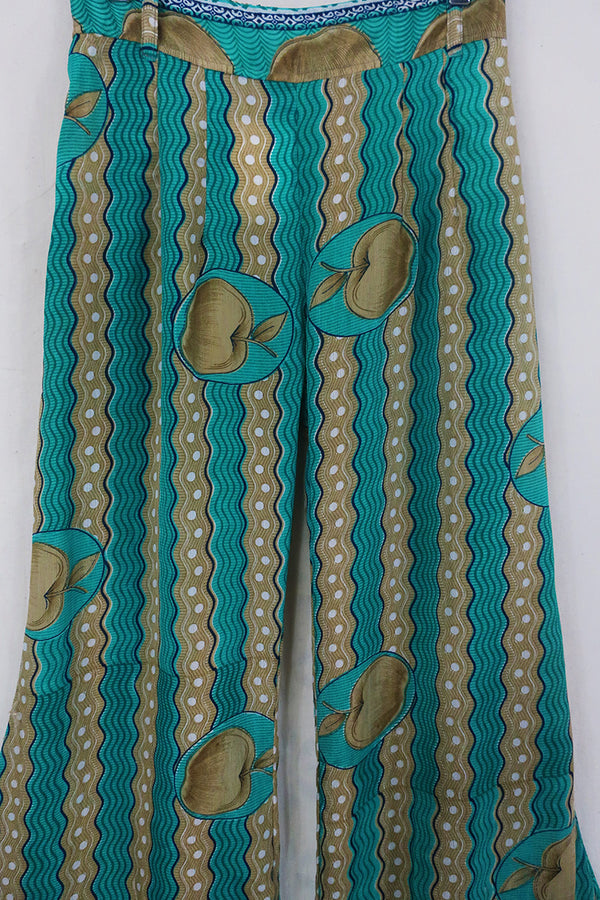 Tandy Wide Leg Trousers - Vintage Sari - Jade & Brass - Free Size S/M By All About Audrey