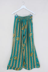Tandy Wide Leg Trousers - Vintage Sari - Jade & Brass - Free Size S/M By All About Audrey