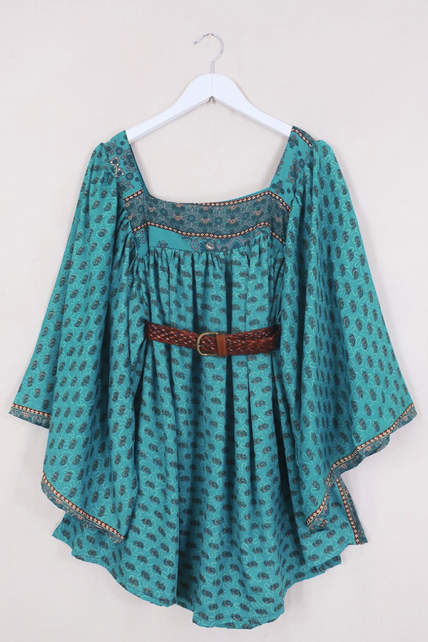 Honey Mini Dress - Turquoise Paisley Motifs - Vintage Indian Sari - Free Size