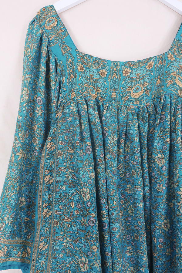 Honey Mini Dress - Crystal Blue Georgian Floral - Vintage Indian Sari - Free Size By All About Audrey