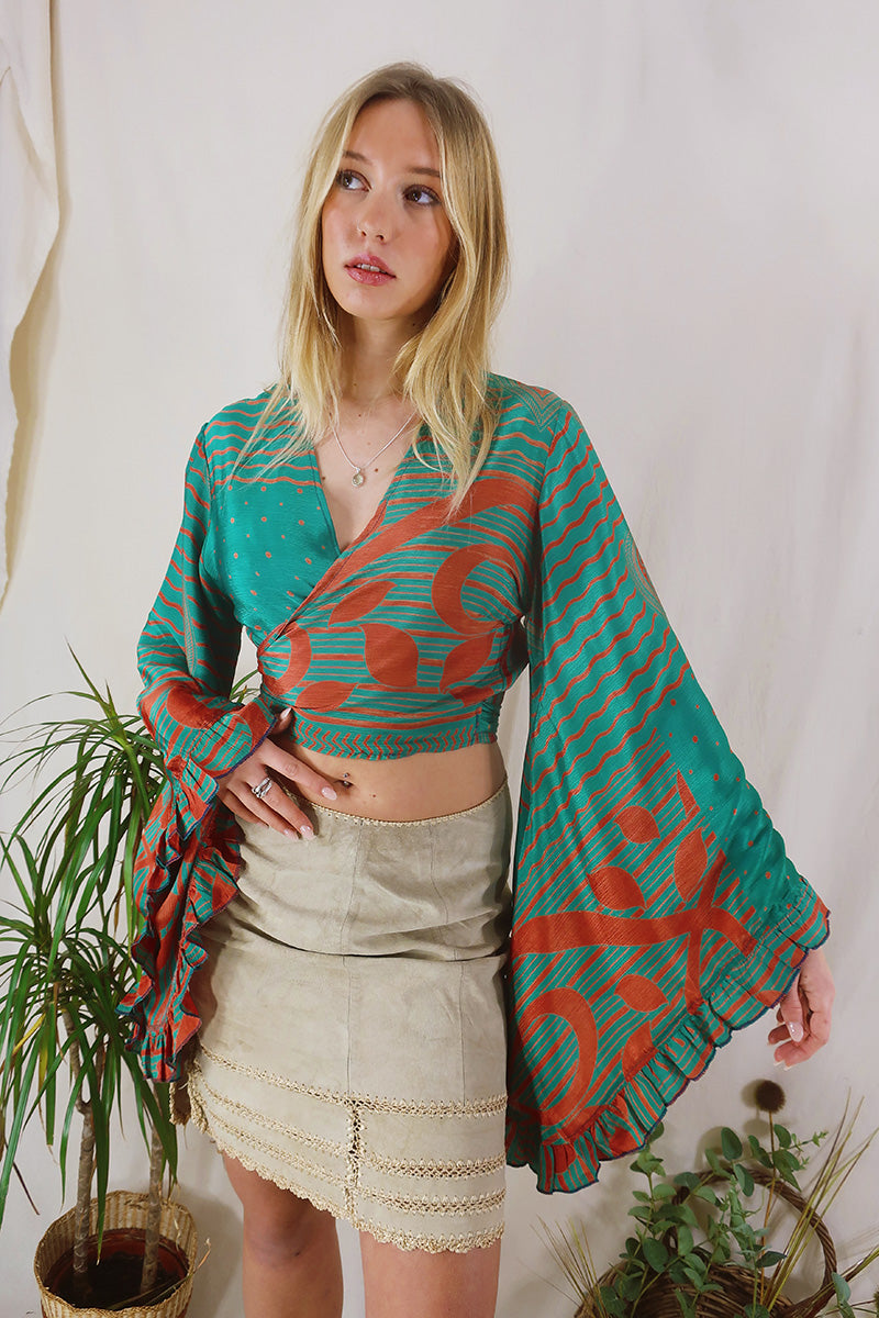 Venus Wrap Top - Jade & Terracotta  - Vintage Sari - Size S/M by All About Audrey