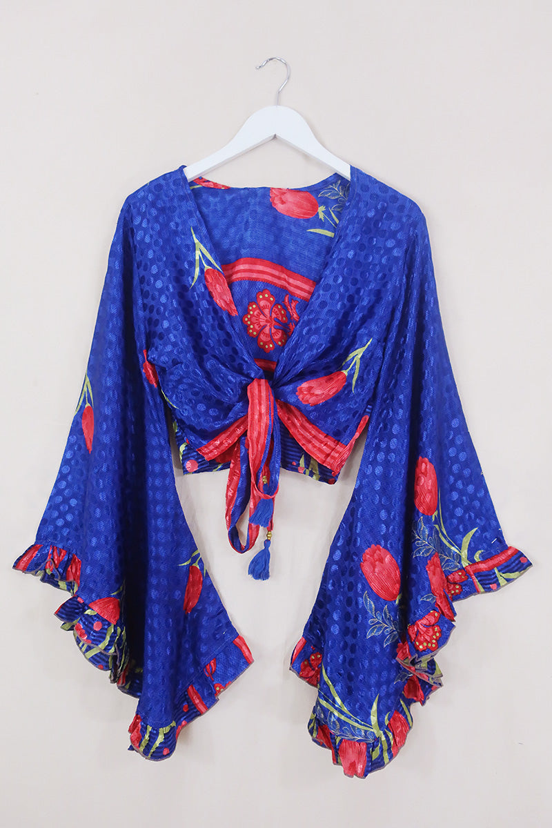 Venus Wrap Top - Ultramarine & Crimson Floral - Vintage Sari - Size XS by All About Audrey