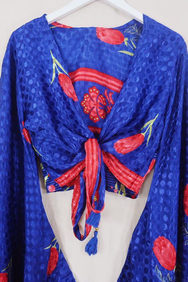 Venus Wrap Top - Ultramarine & Crimson Floral - Vintage Sari - Size XS by All About Audrey