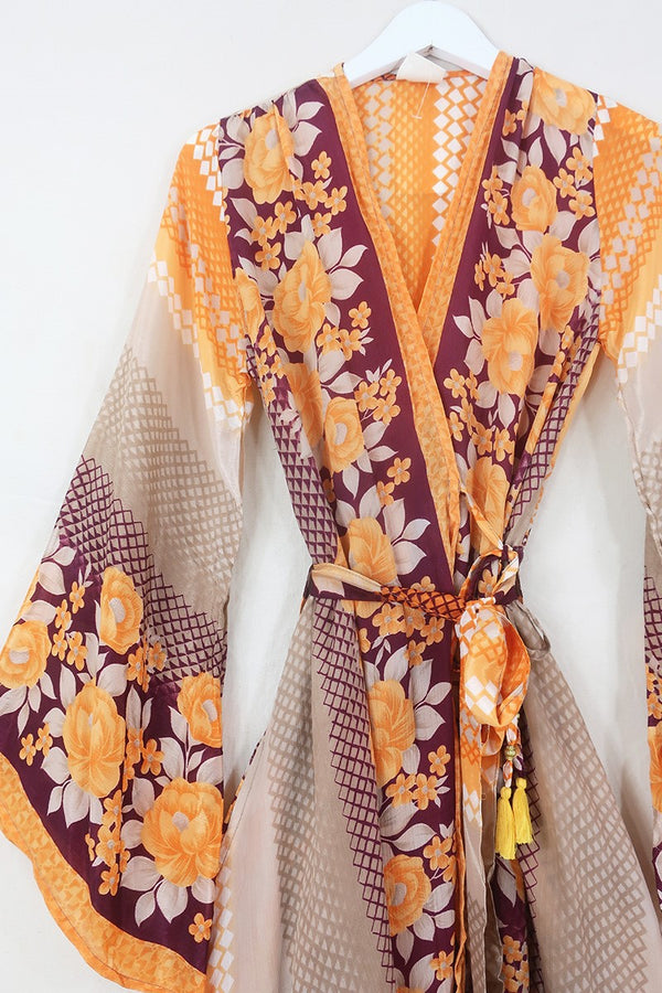 Karina Kimono Jacket - Vintage Sari - Rich Sangria & Sunset Floral - Free Size S/M by All About Audrey